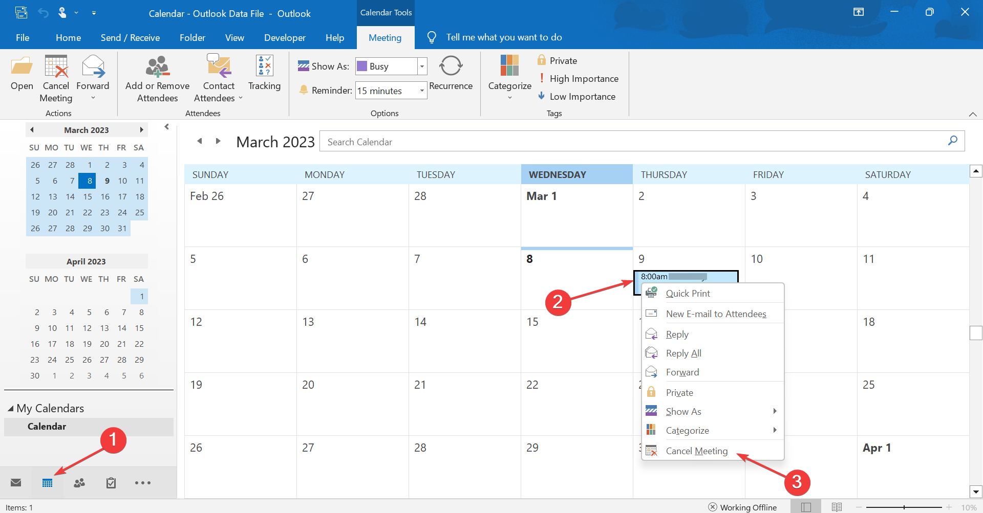контекстное меню 'Отменить встречу' в календаре Outlook