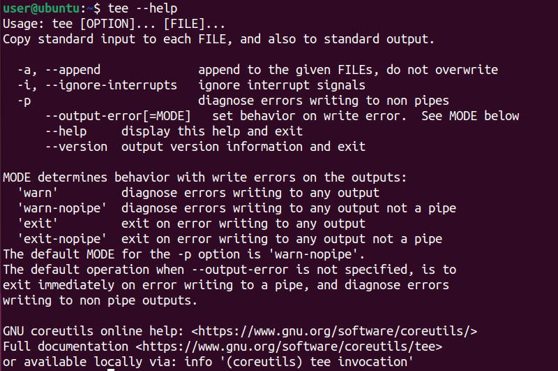 Справка по команде tee, отображаемая в терминале.