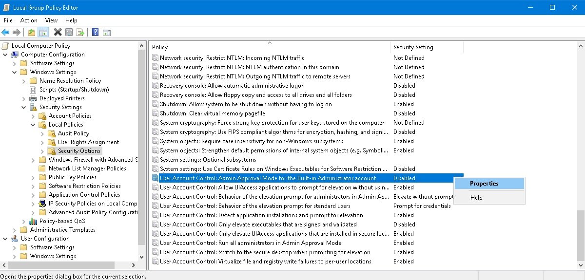 Свойства User Account Control: включение режима подтверждения администратора.