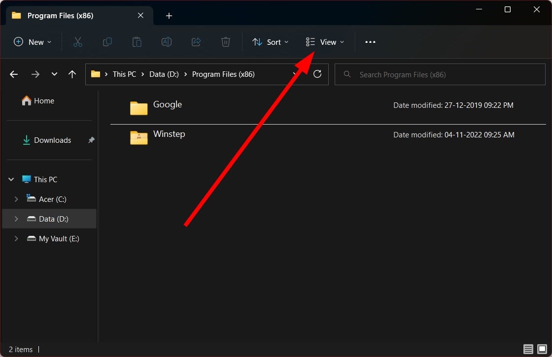 Панель «Вид» в верхней части Проводника