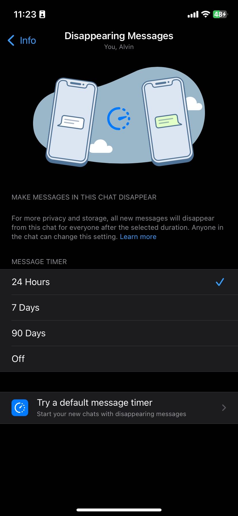 Включены исчезающие сообщения в чате WhatsApp