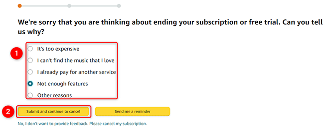 Выберите причину и нажмите Отправить и продолжить отмену
