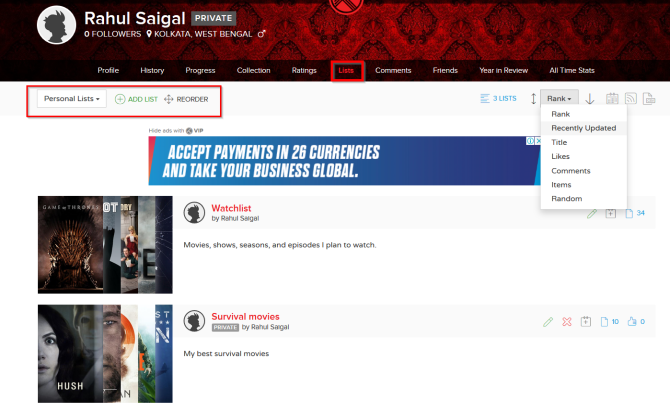 Управление списками и порядком в профиле Trakt