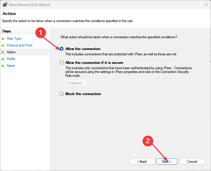 Выбор действия Разрешить подключение