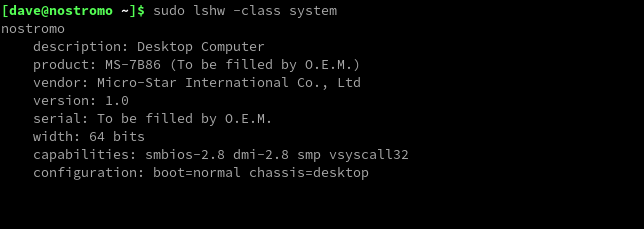 Вывод команды lshw на физическом компьютере с материнской платой Micro-Star