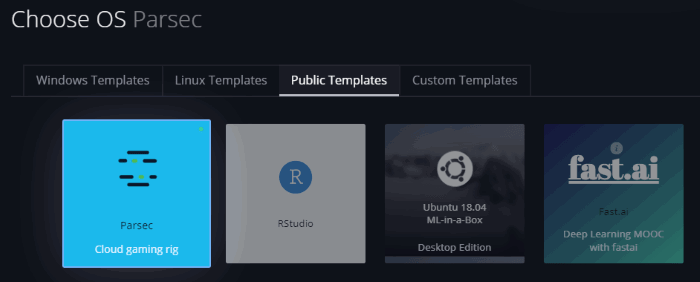 Выбор ОС: вкладка Public Templates и шаблон Parsec