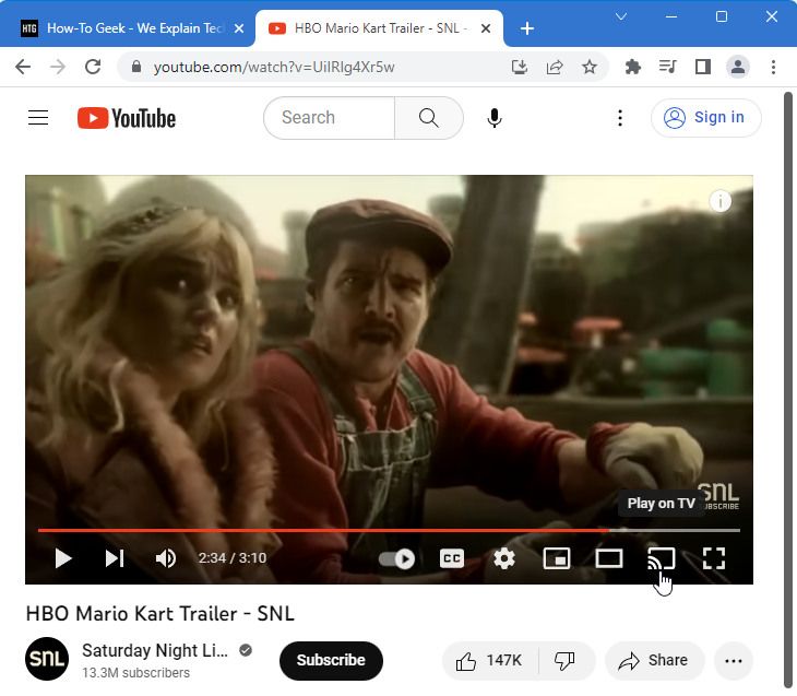 Значок трансляции в плеере YouTube в Chrome