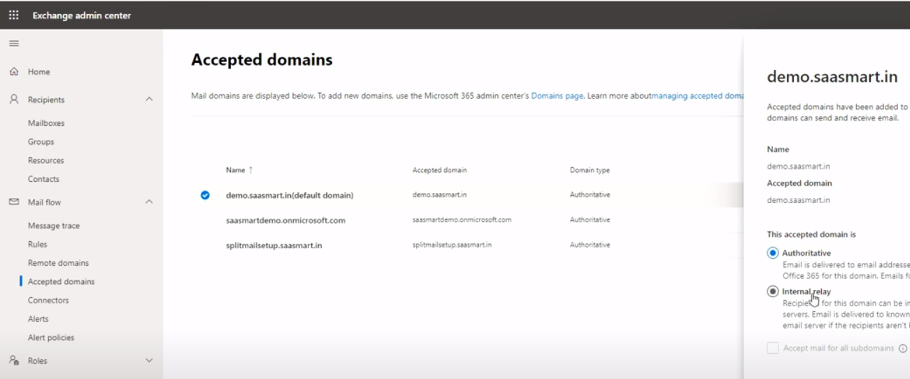 Окно 'Accepted domains' в Exchange Online
