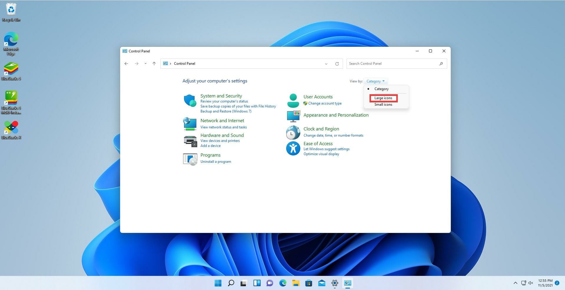 Opzione Visualizza per impostare 'Icone grandi' nel Pannello di controllo