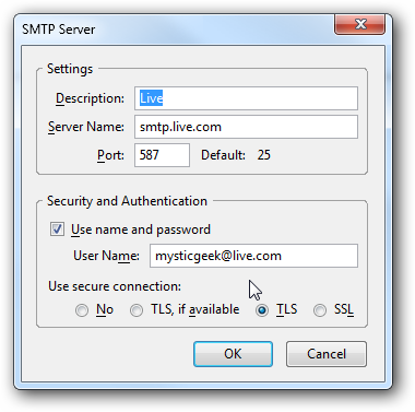 SMTP korrekt konfiguriert mit Server smtp.live.com und Port 587