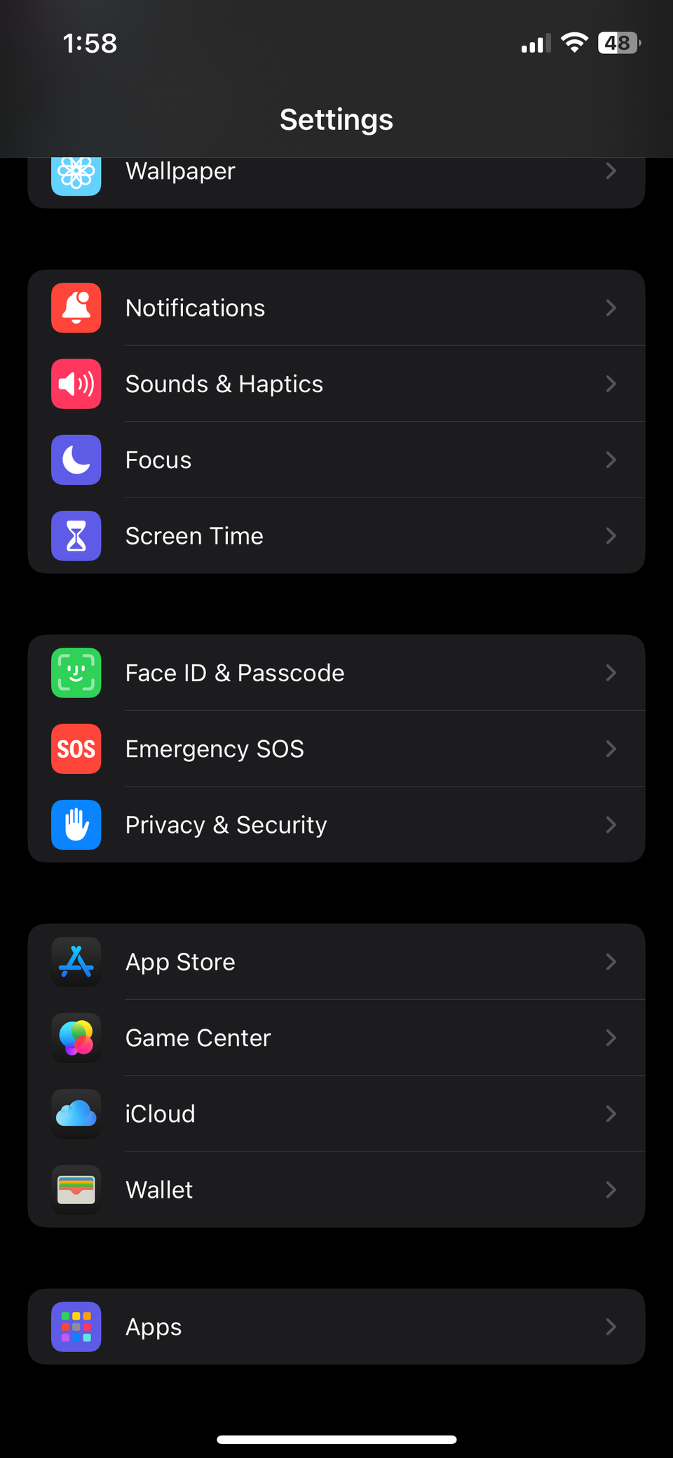 Меню Настроек iPhone с пунктом Приложения