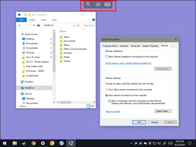 Меню с элементами управления Remote Desktop