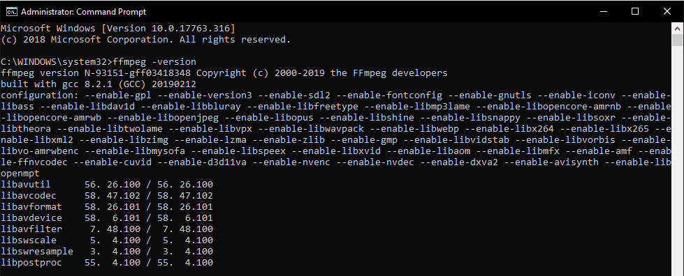 Вывод версии FFmpeg в командной строке