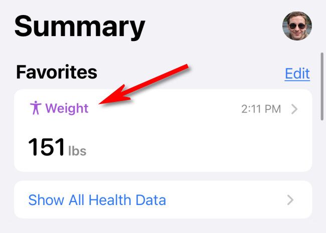 Категория «Вес» на странице «Сводка» в приложении «Здоровье»
