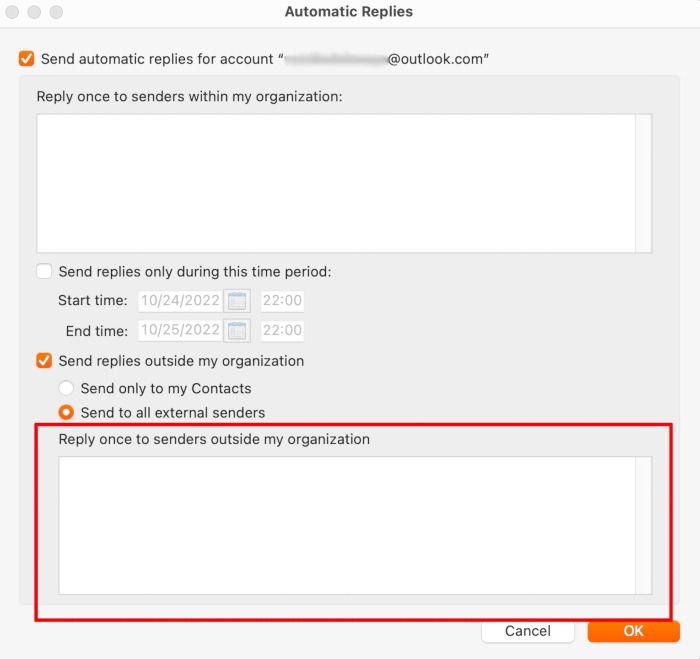 Поле для текста автоответа внешним получателям