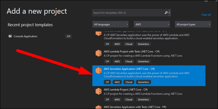 Добавление проекта AWS Serverless Application