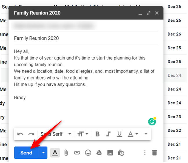 После завершения письма нажмите 