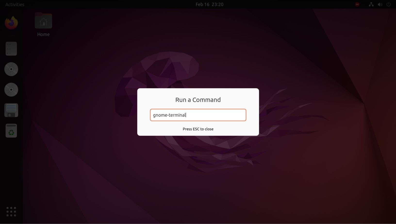 Окно команды для открытия терминала в Ubuntu