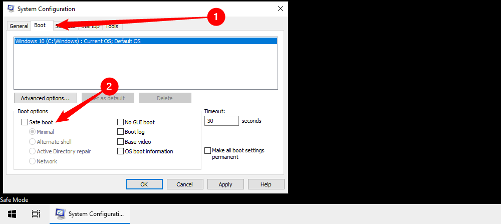 Во вкладке Boot снимите отметку Safe Boot