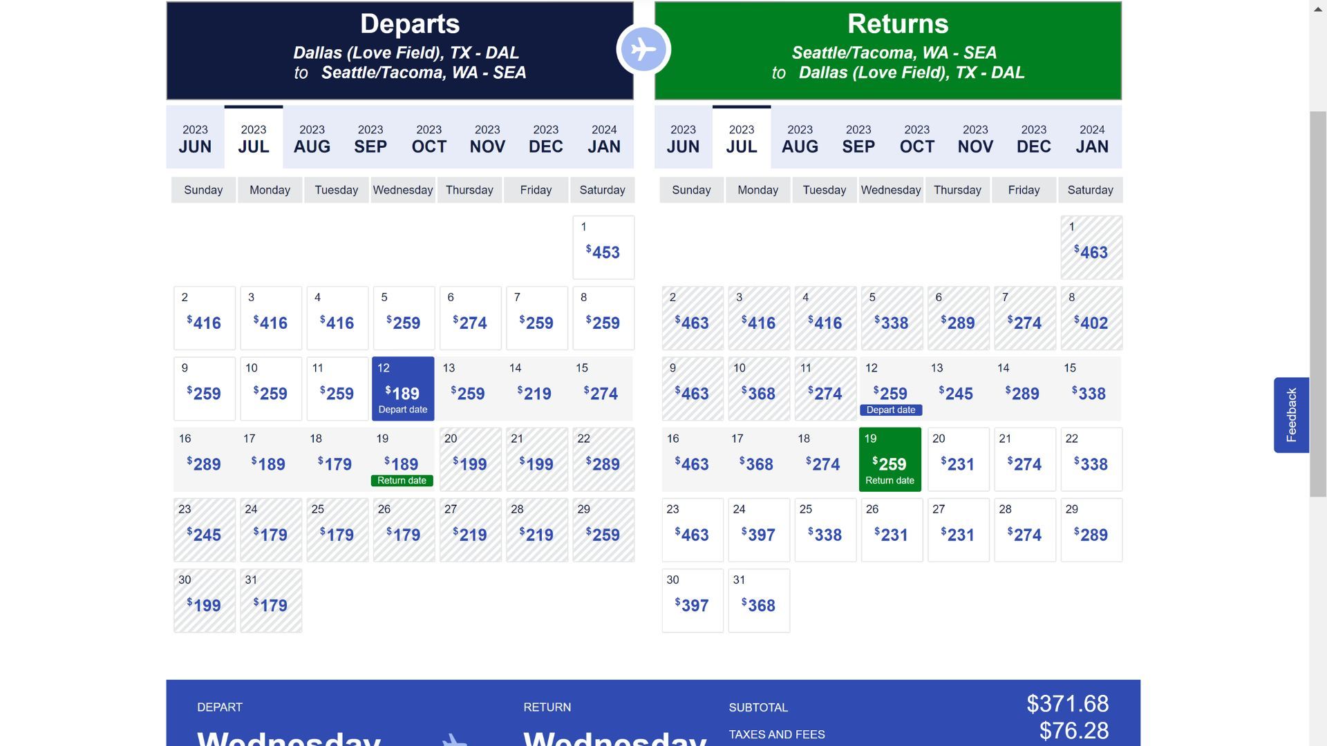Календарь дешёвых тарифов Southwest Airlines с ценами по дням.