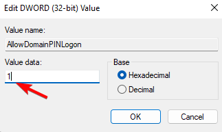 Установка значения 1 для AllowDomainPINLogon