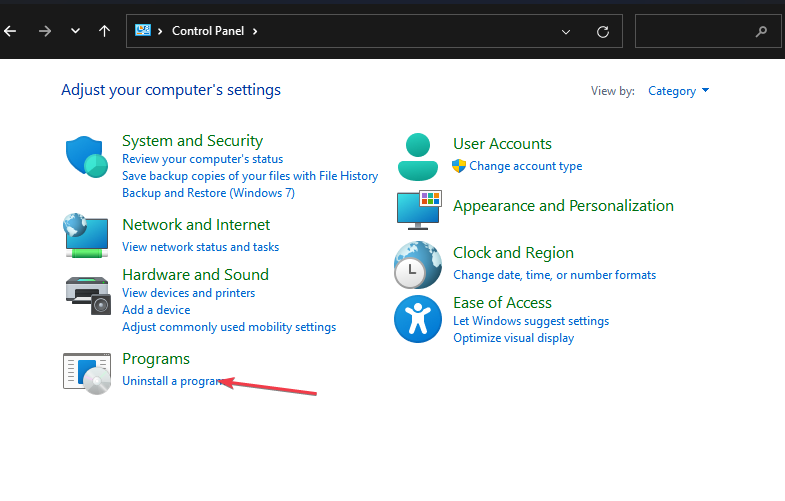 Панель управления — Удаление программы
