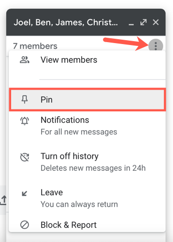 Меню окна беседы с опцией «Закрепить»