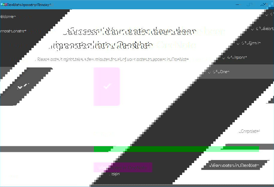 Кнопка для открытия импортированных заметок в приложении OneNote