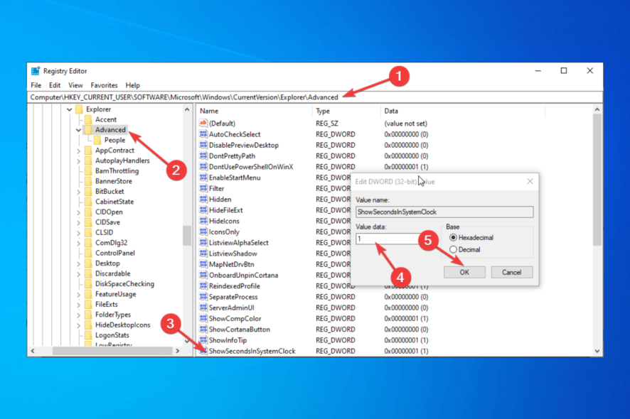 Показывать секунды в системном часе Windows 10