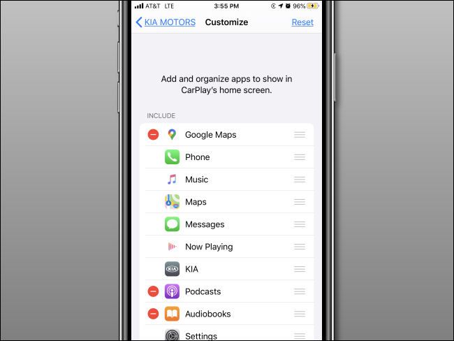 Example Carplay app icon order in iPhone Settings