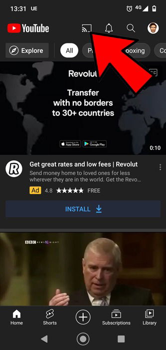 Значок Cast в мобильном приложении YouTube