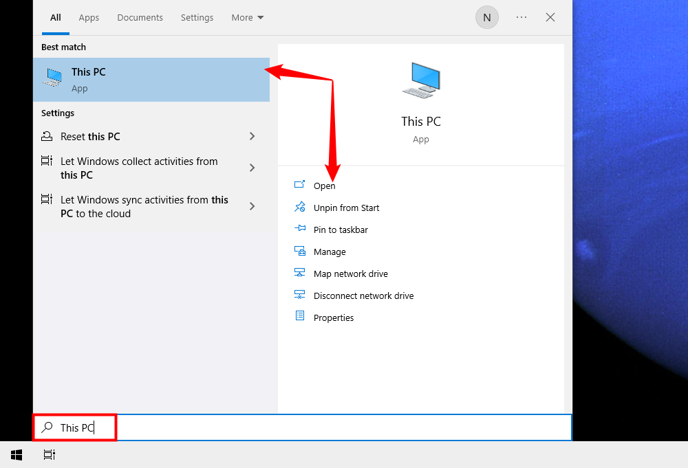 Поиск «Этот компьютер» в меню Пуск Windows 10. 