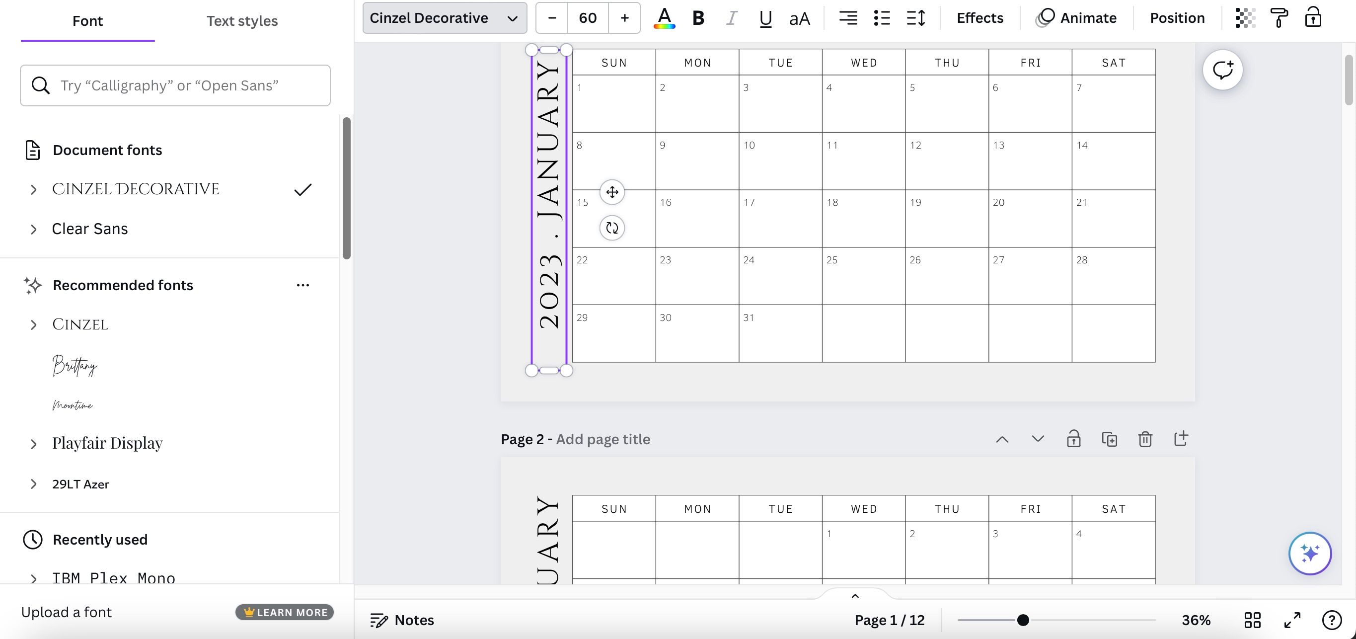 Панель настройки шрифта в Canva