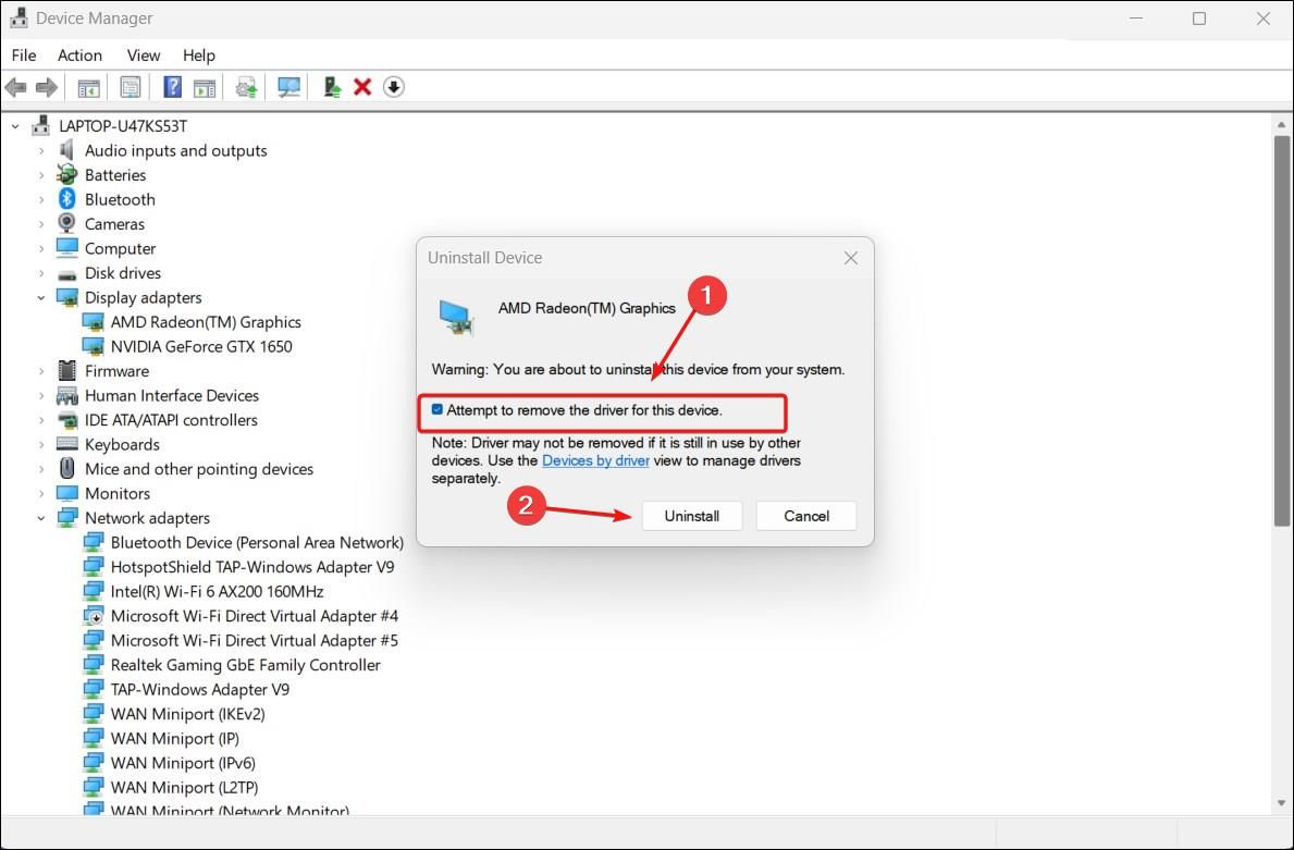 WIndows 11 Device Manager Uninstall Display Adapter With Driver