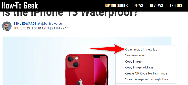 Меню с пунктом «Открыть изображение в новой вкладке».
