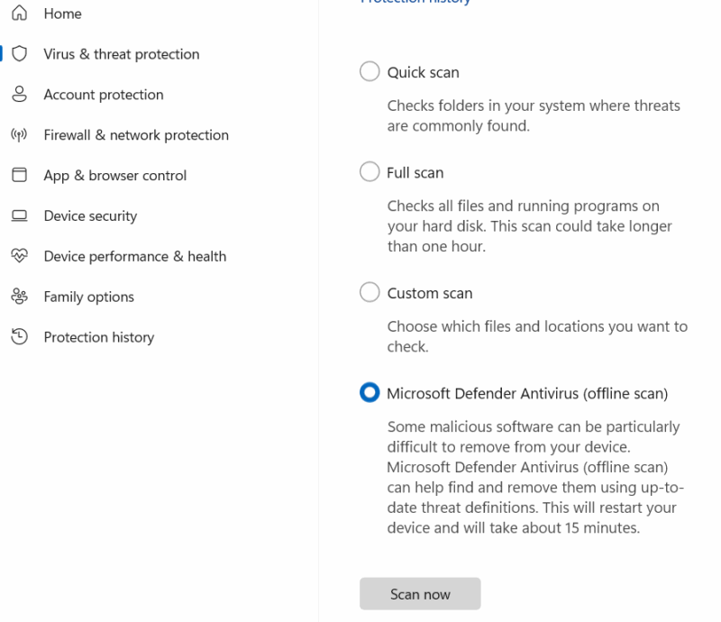 Einstellungen für Microsoft Defender Offline-Scan