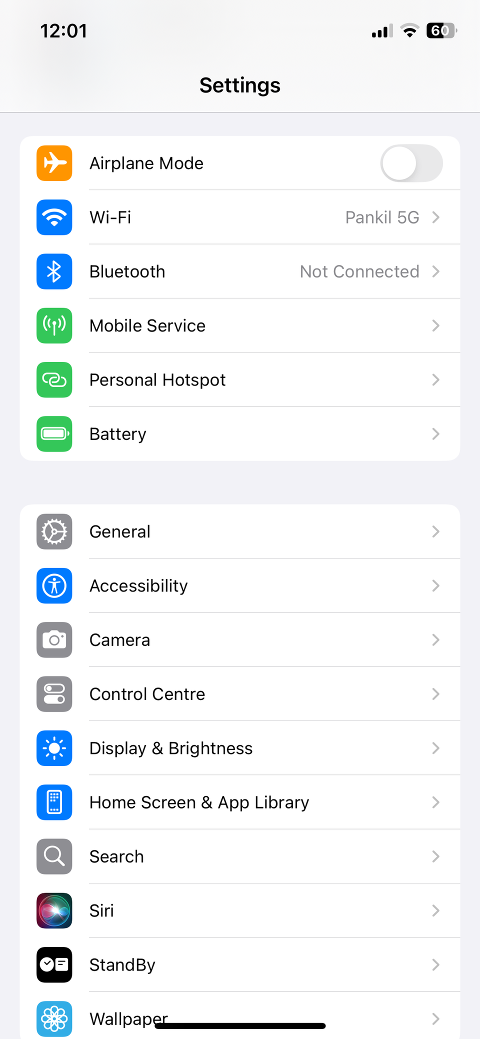 iPhone settings menu home page