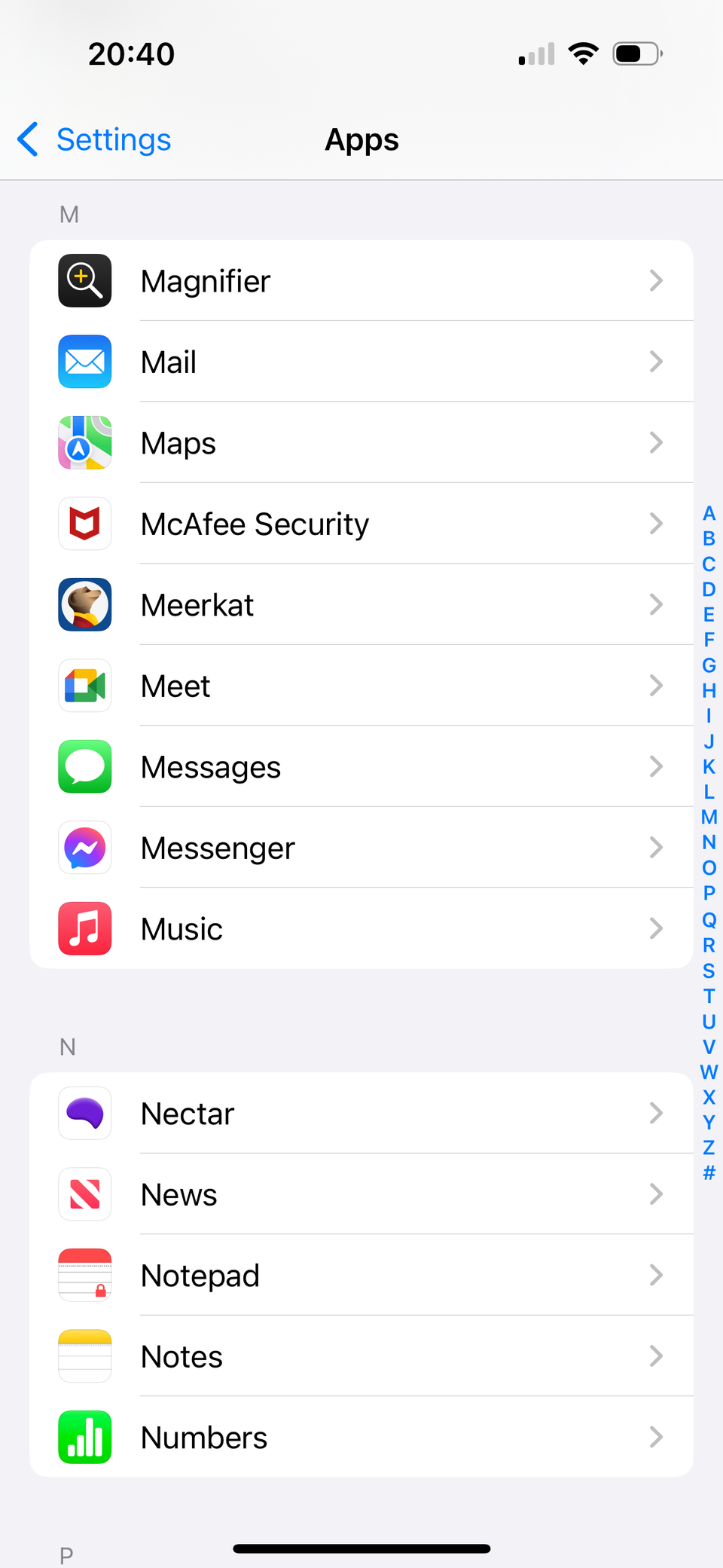 Меню приложений в Настройках iPhone