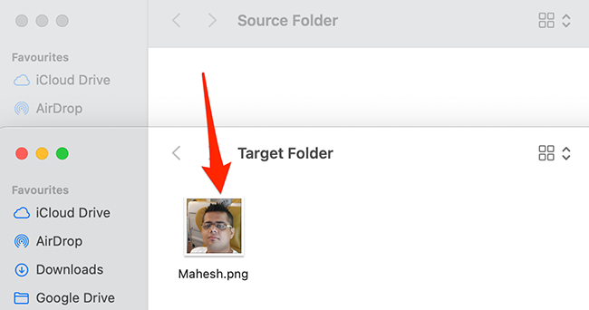 Вставка перемещением элемента в окне Finder
