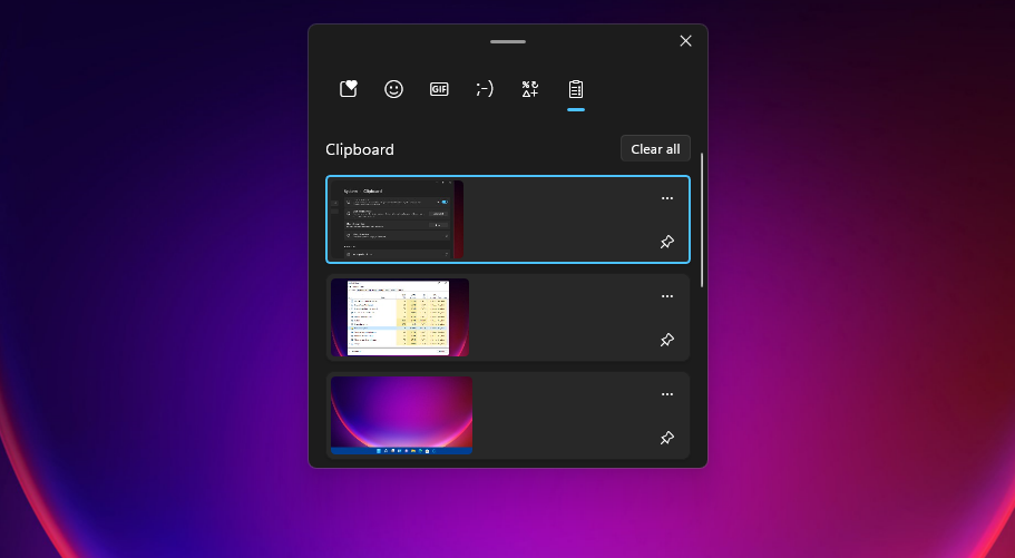 Окно истории буфера обмена с вкладками Emoji, GIF и Символы