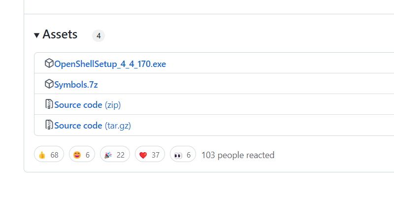 Раздел Assets на странице релиза Open-Shell на GitHub