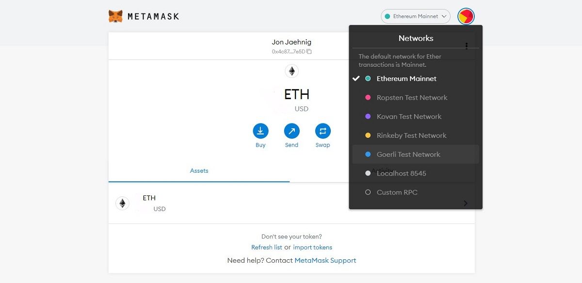 Иконка сети MetaMask и список поддерживаемых сетей.