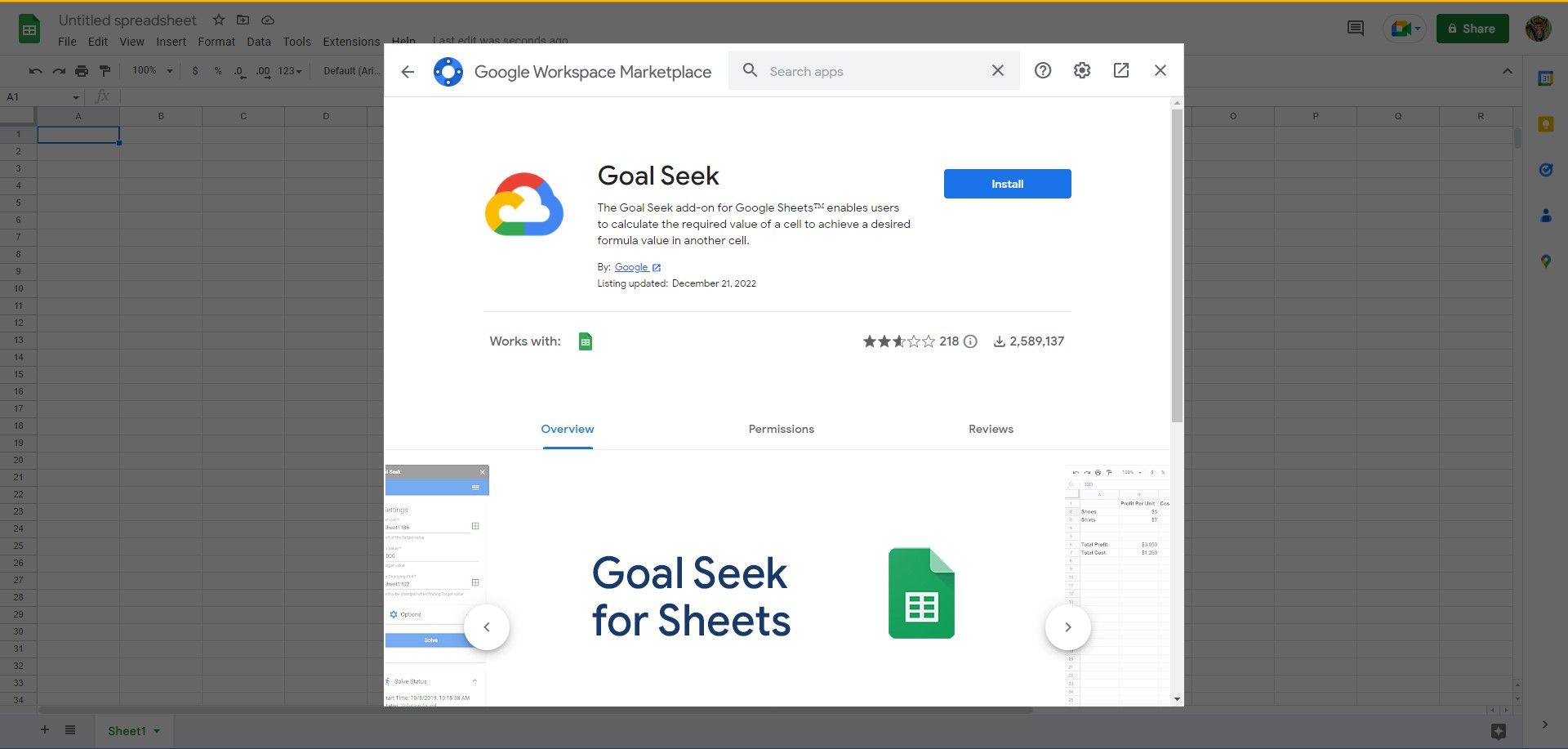 Страница Goal Seek в Google Marketplace