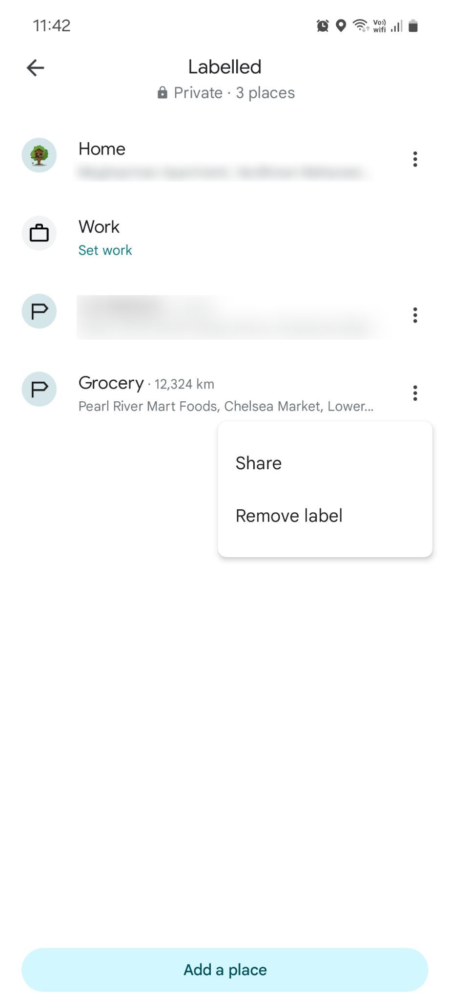 Меню помеченных мест Google Maps