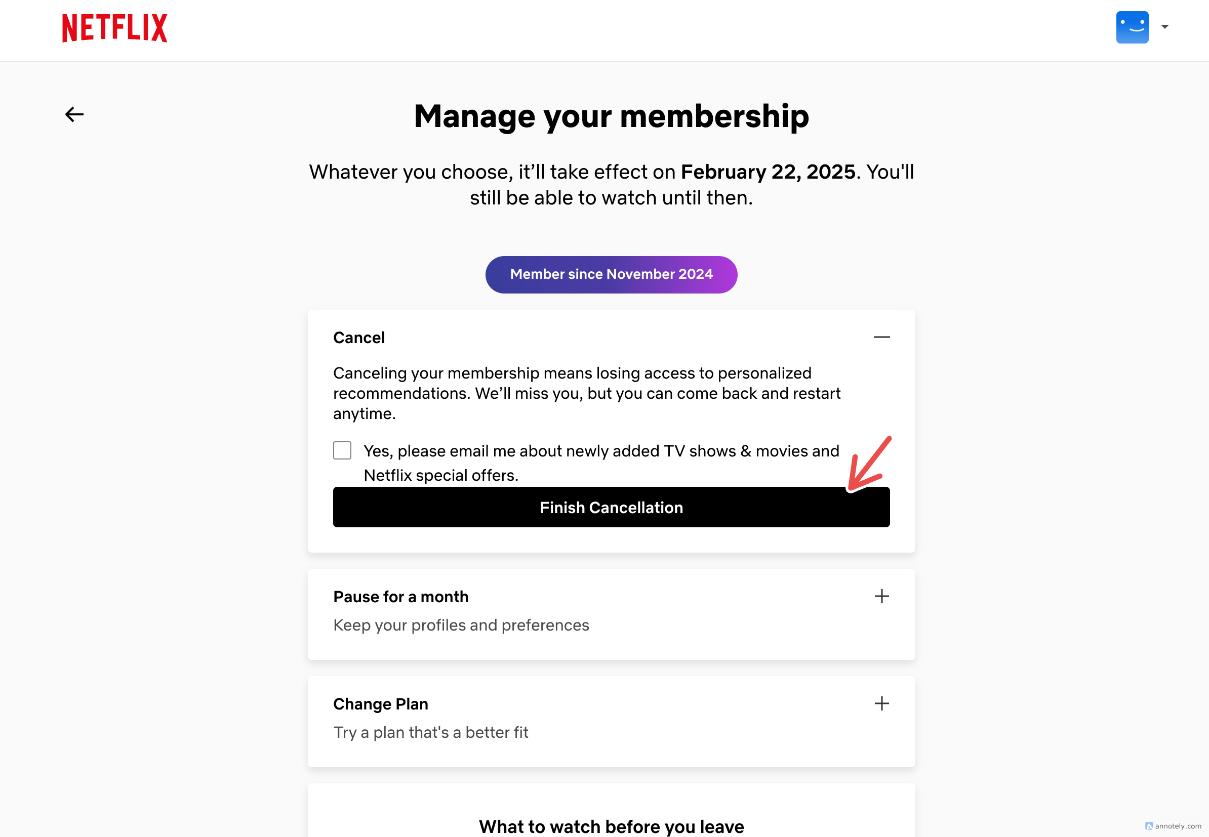 Завершение отмены аккаунта Netflix.