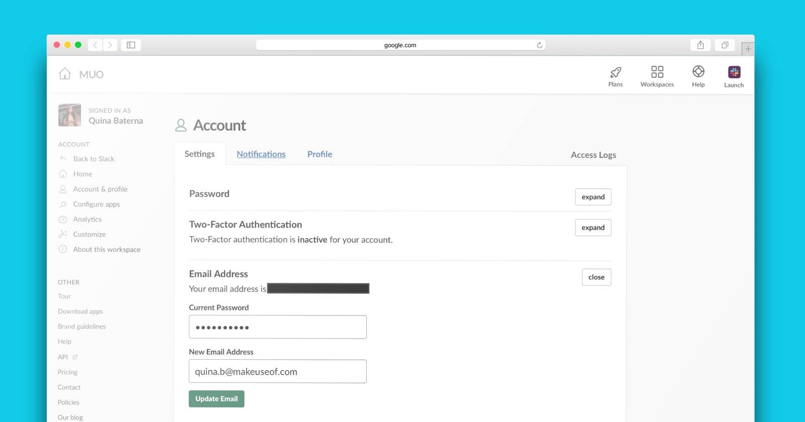 Страница «Мой аккаунт» в Slack, настройки профиля