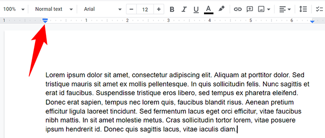 Перетащите синий треугольник на линейке вправо, чтобы сдвинуть абзац.
