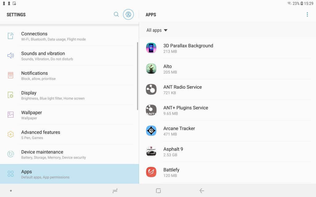 Настройки Android — список приложений