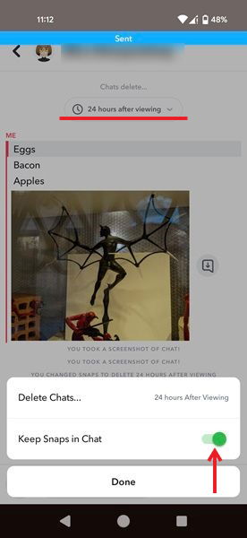 Включение опции сохранения снимков в чате Snapchat для Android.