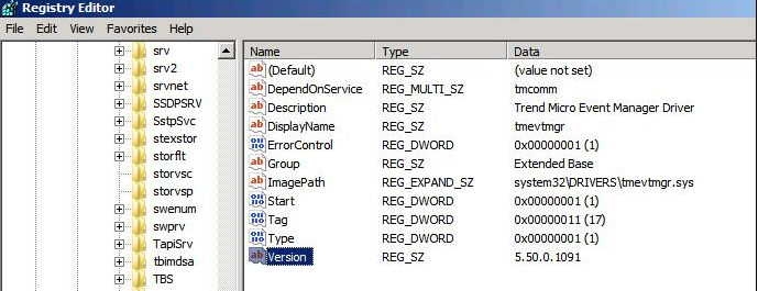 Просмотр версии файла Tmevtmgr.sys в редакторе реестра Windows